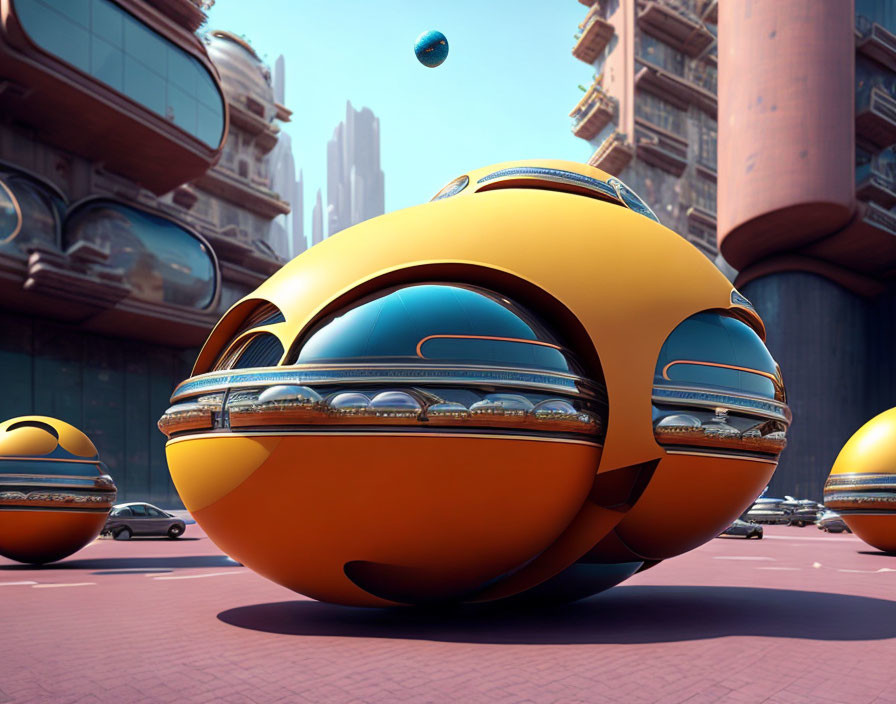 Yellow spherical vehicles with blue windows in futuristic cityscape