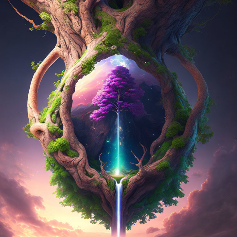 Vibrant glowing tree in cosmic setting with lush greenery