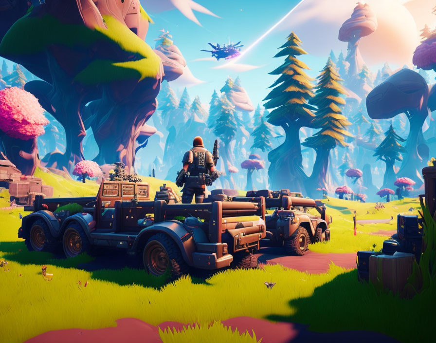 Colorful video game landscape with rugged vehicle and turrets