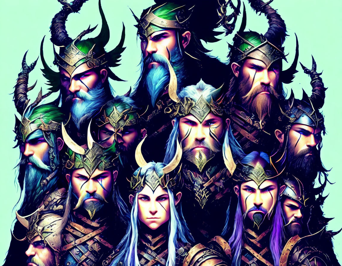 Fantasy warrior with beard and armor in blue and green hues