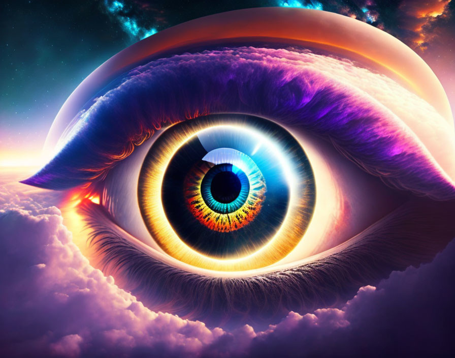 Colorful surreal illustration: Eye with cosmic sky and celestial bodies.