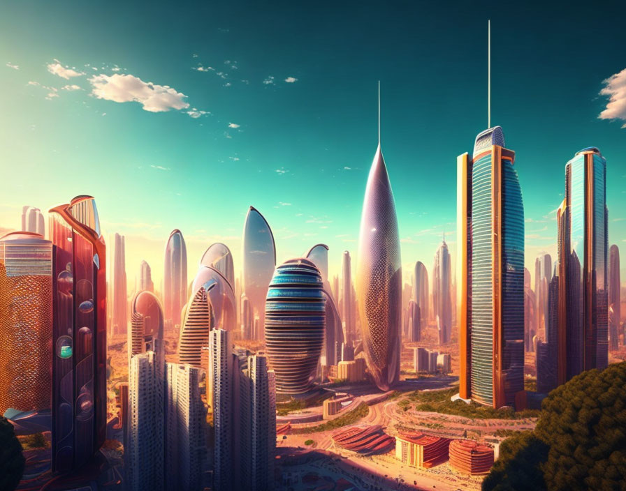 Modern city skyline with sleek skyscrapers under warm sky