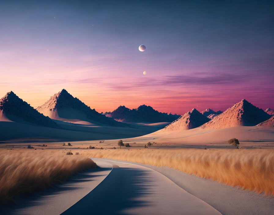 Twilight landscape with winding road, snow-capped mountains, crescent moon, and stars.