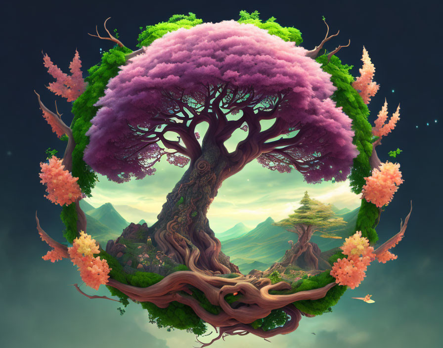 Fantasy illustration: Floating island with lush pink tree, twisted roots, green hills, orange trees,