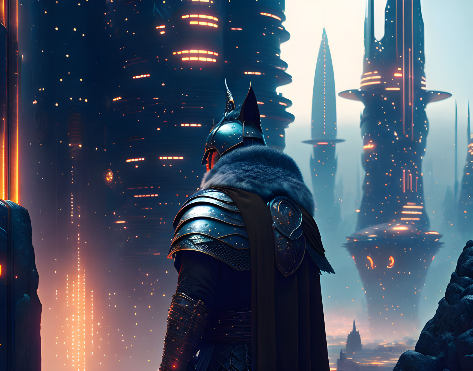 Knight in armor gazes at futuristic cityscape at dusk