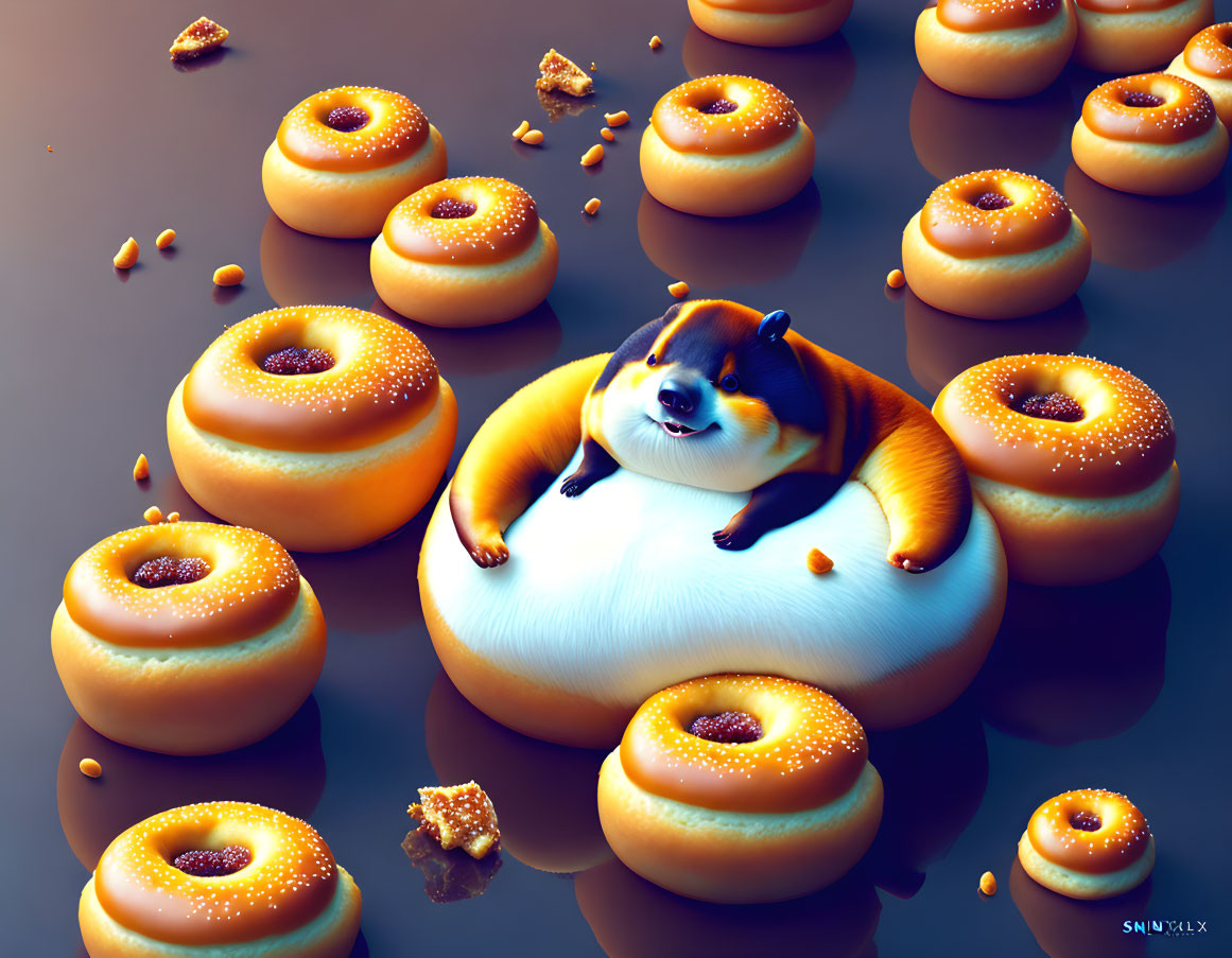 Cartoon dog sitting on large doughnut among scattered crumbs