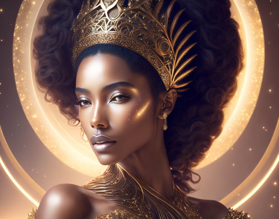 Majestic woman with glowing skin and golden adornments surrounded by halo and stars.