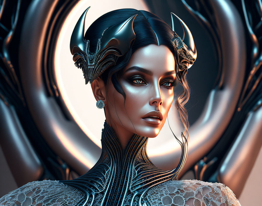 Digital Artwork: Woman with Stylized Horns and High-Collared Outfit