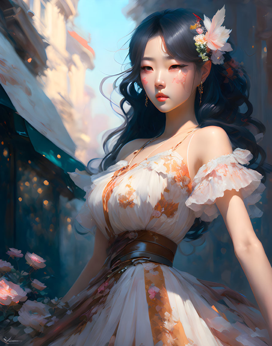 Woman with Floral Hair in Off-Shoulder Dress in Dreamy Setting