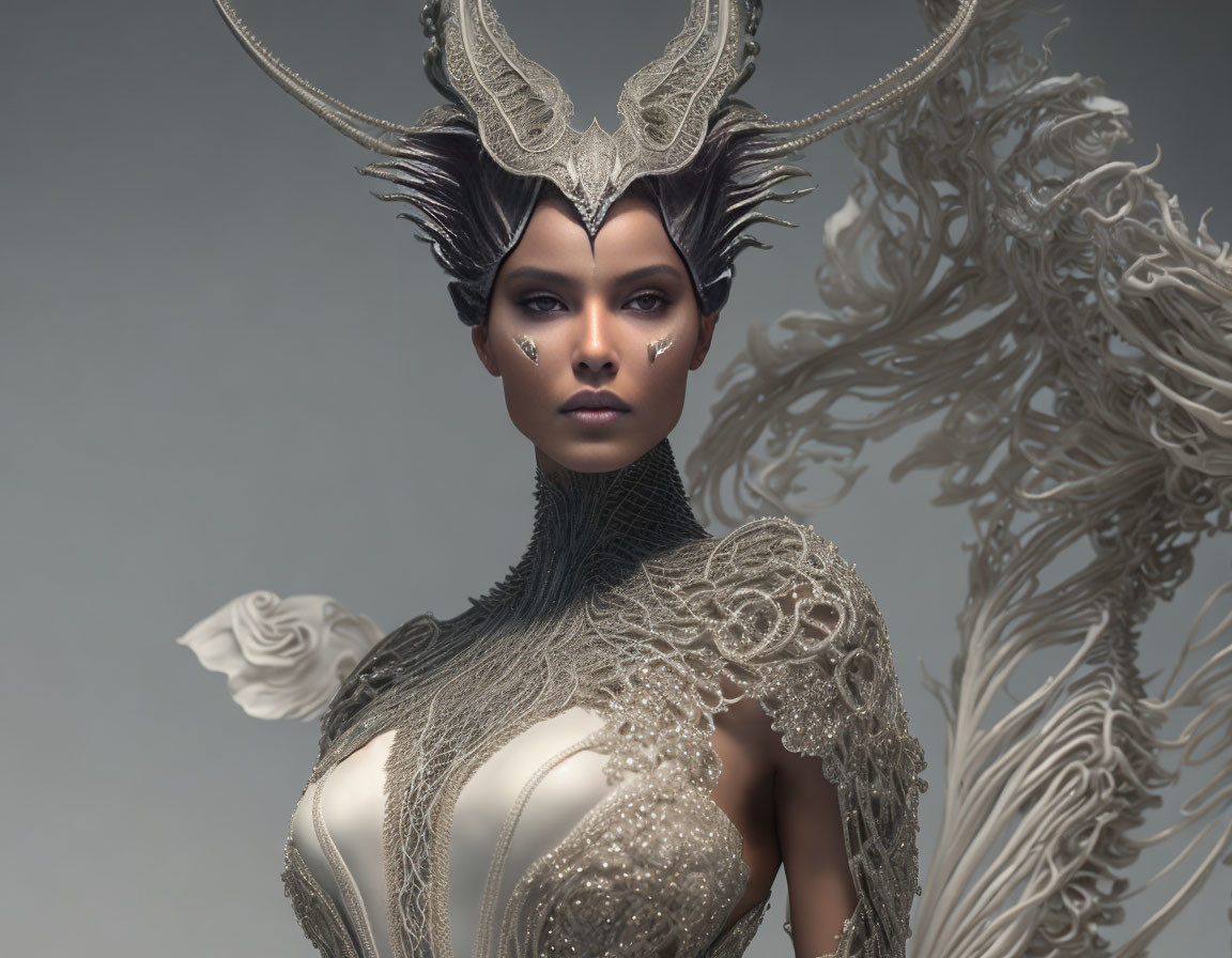 Digital artwork: Woman in ornate headdress & fantasy armor with white feathered wing