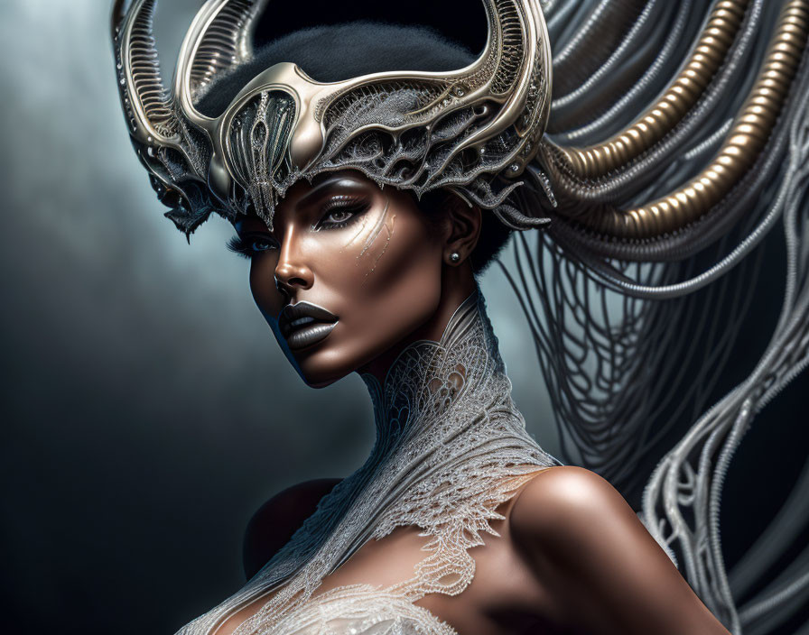 Woman with dramatic makeup and ornate futuristic headpiece in stern pose