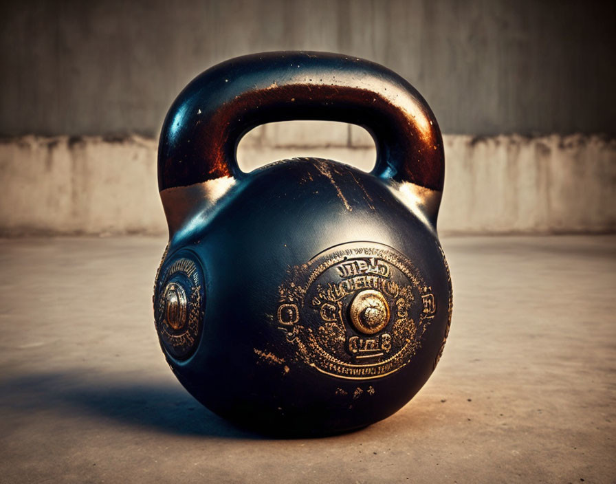 Black Kettlebell with Embossed Lettering on Concrete Floor