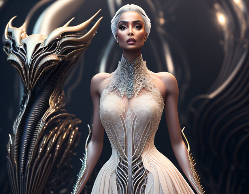 Digital artwork: Woman in white dress with futuristic metallic sculpture