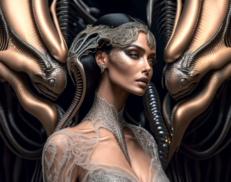 Futuristic headdress on woman with metallic alien structures