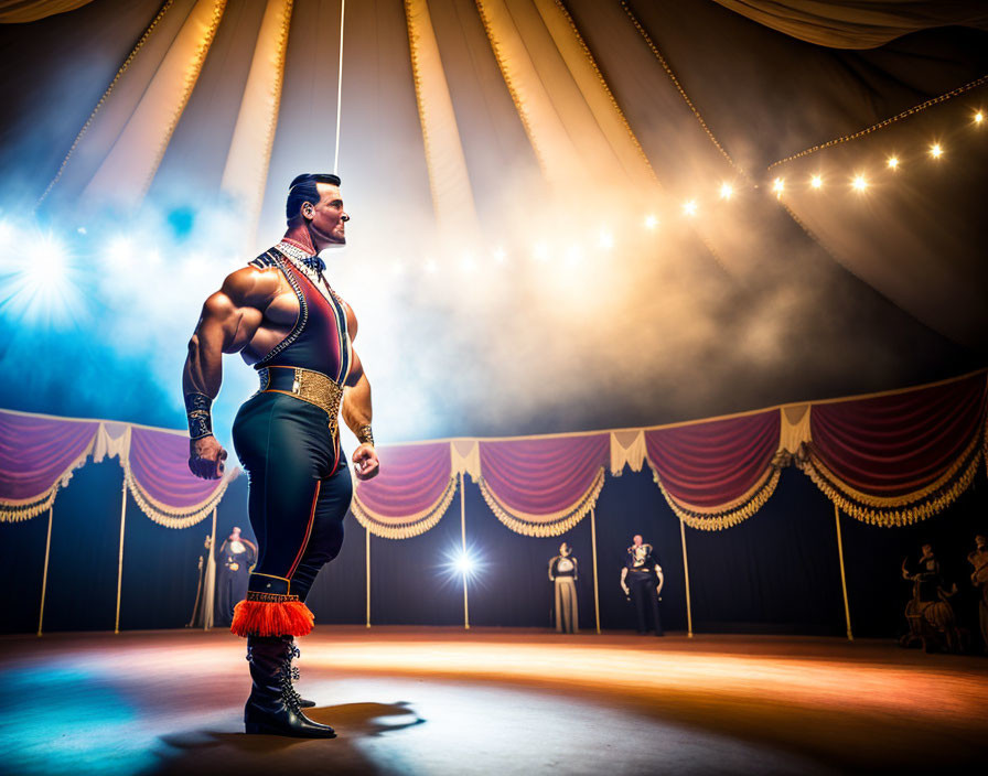 Muscular Circus Performer in Costume Under Big Top with Stage Lights