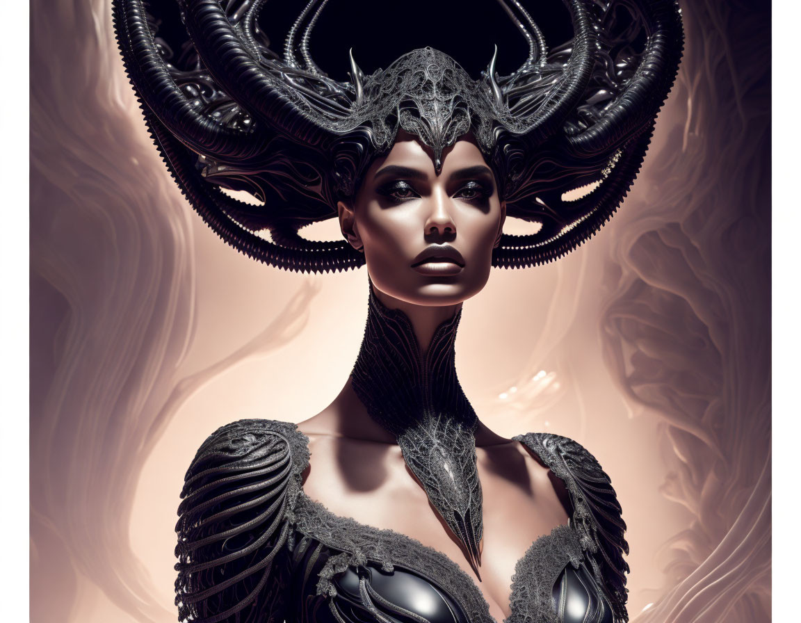 Fantasy digital artwork of female figure in ornate dark headdress & intricate armor