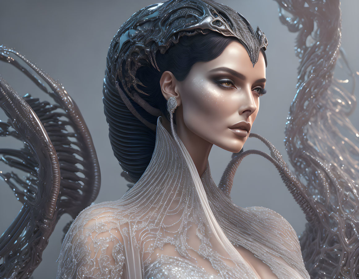 Intricate headdress and wing-like structures on female figure in monochromatic palette