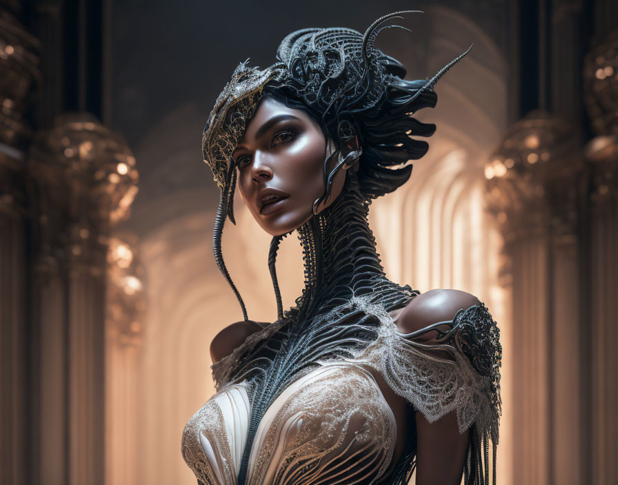 Elaborate Black Headdress and Sculptural Attire Against Arch-Filled Backdrop