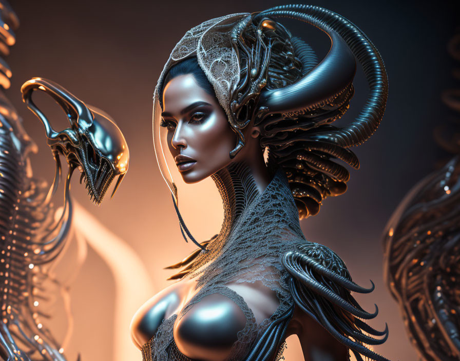 Futuristic metallic female figure with ornate headgear in warm-toned setting