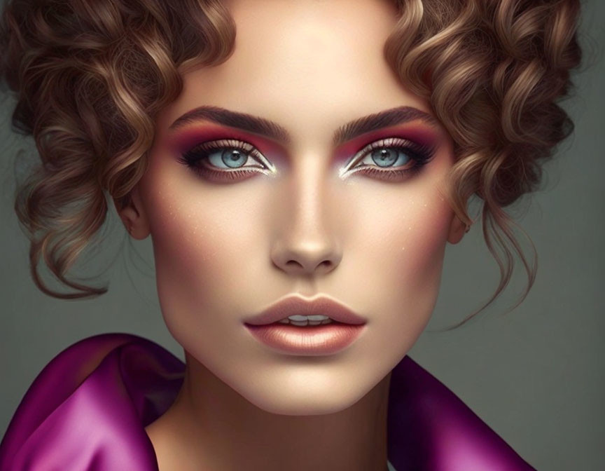 Digital Portrait: Woman with Curly Hair, Pink Eyeshadow, Full Lips & Purple Outfit