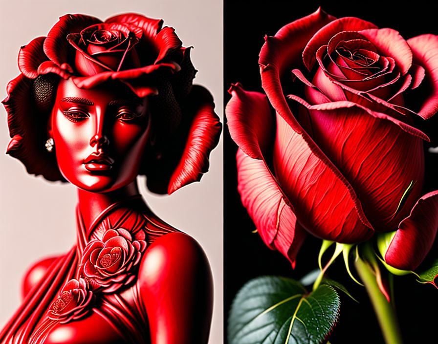 Digital artwork of woman with rose features & realistic red rose on dark background