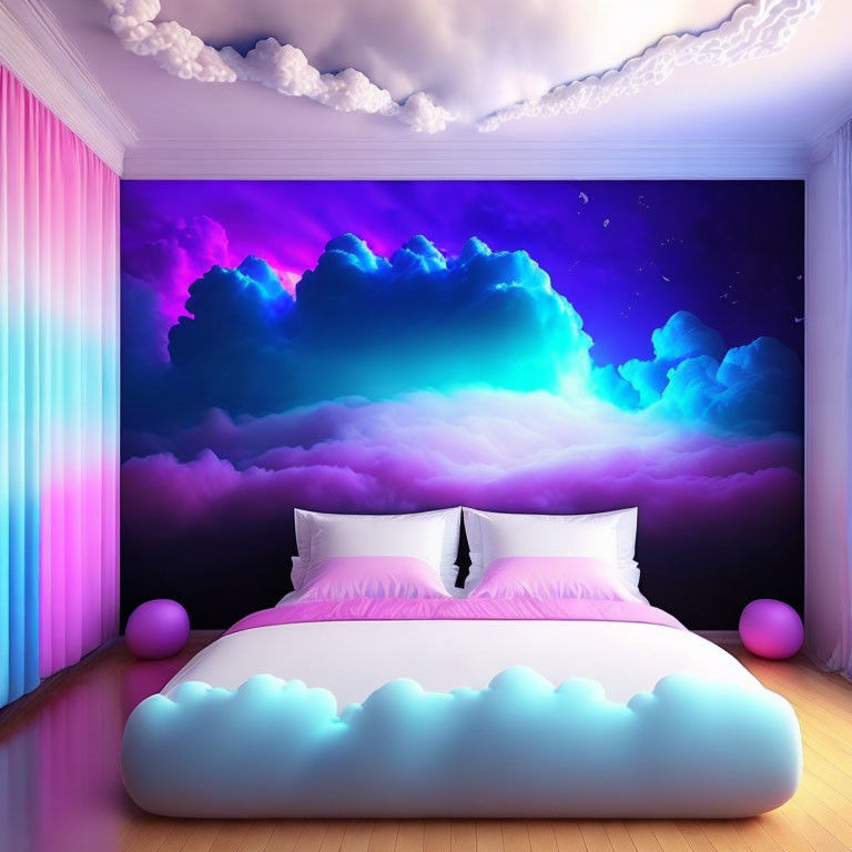 Vibrant purple cloud wall mural in bedroom with pink curtains and white bed