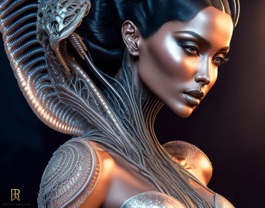 Futuristic 3D illustration of elegant female figure in metallic attire