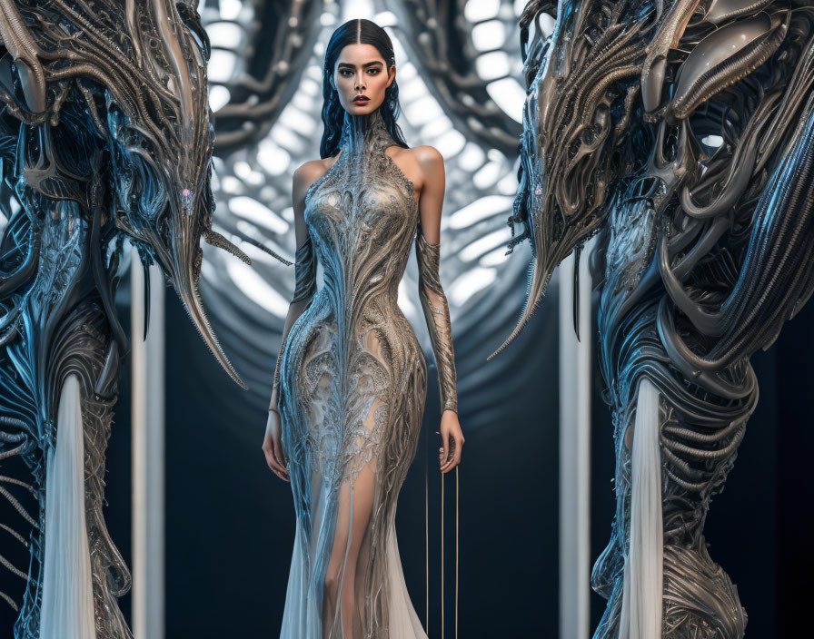 Woman in ornate metallic gown between symmetrical futuristic structures.