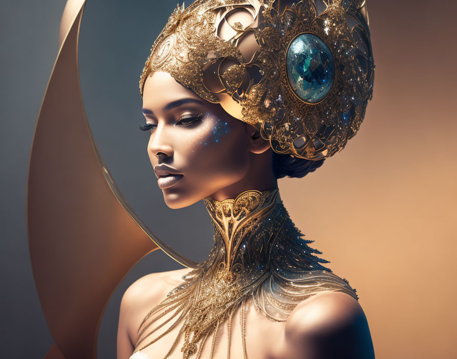 Golden headgear woman in celestial theme on brown backdrop