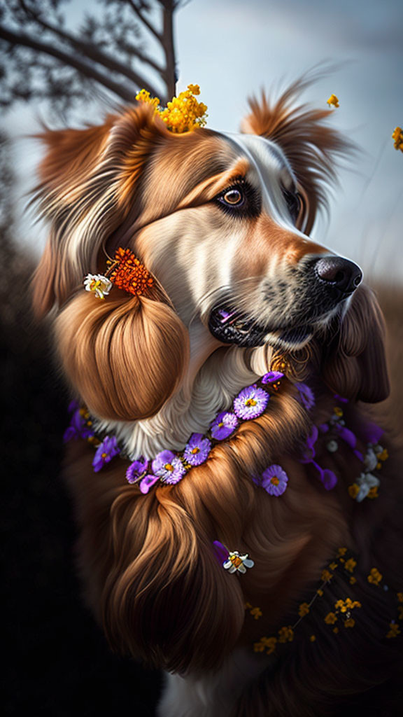 Brown and White Dog with Orange and Purple Flowers in Nature Scene