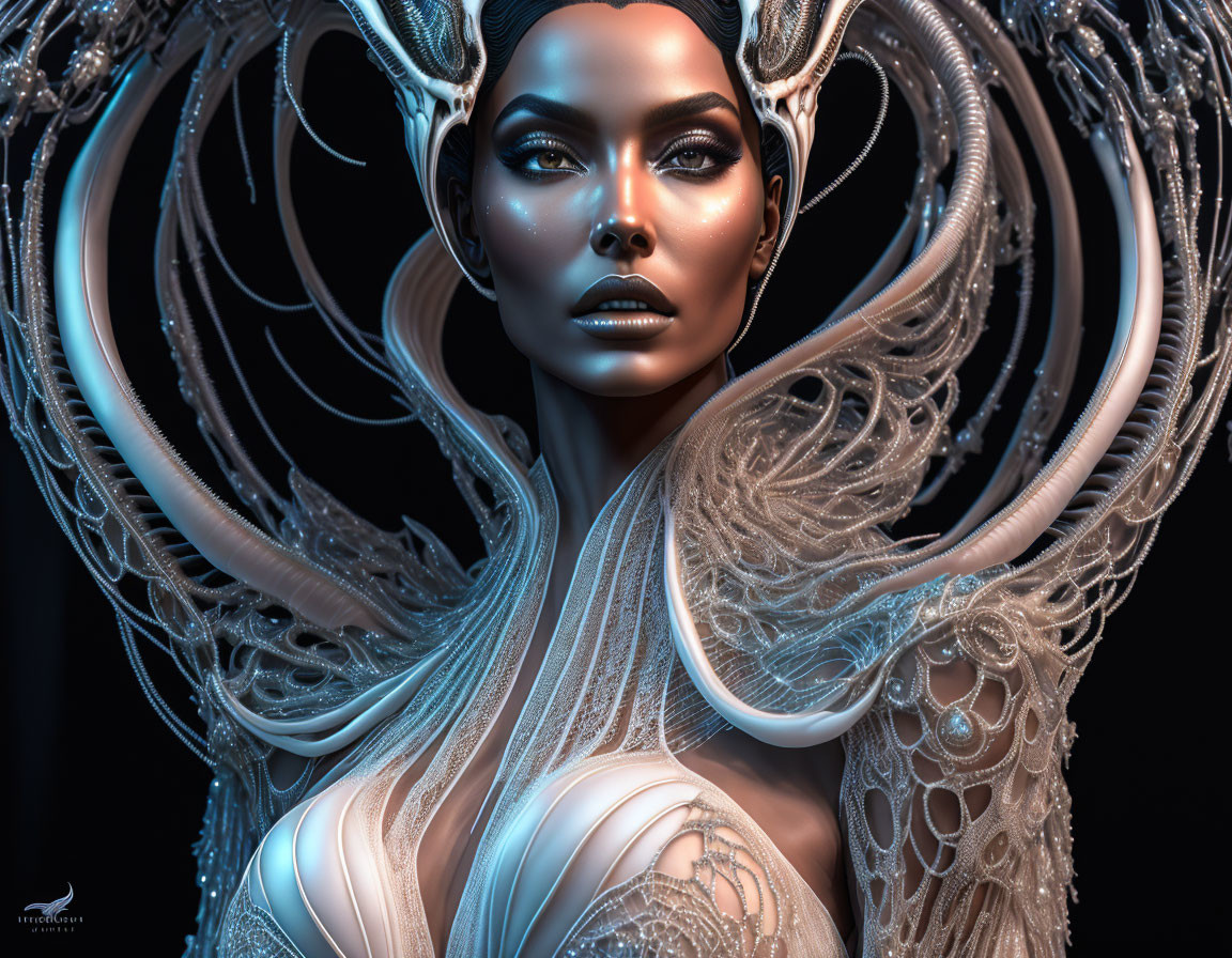 Digital Artwork: Woman in Futuristic Attire with Ornate Headpiece