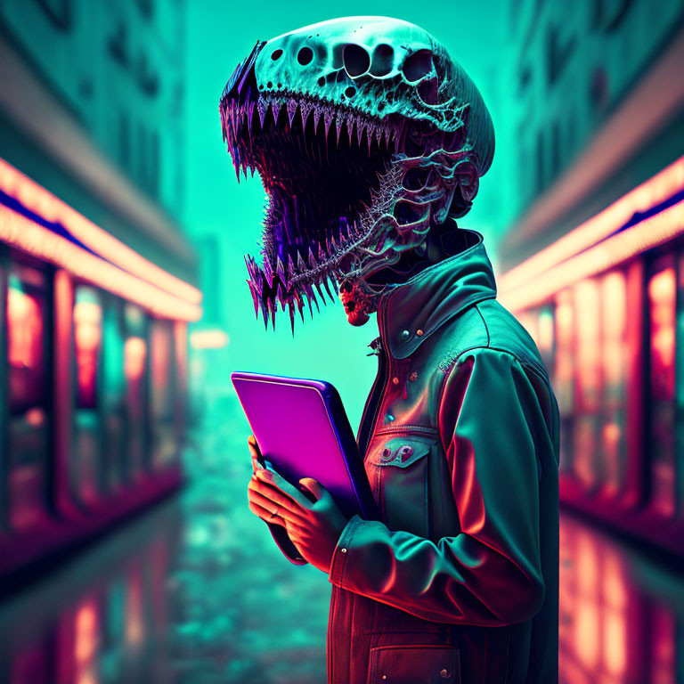 Stylish person in dinosaur-like jacket using tablet in neon-lit alleyway