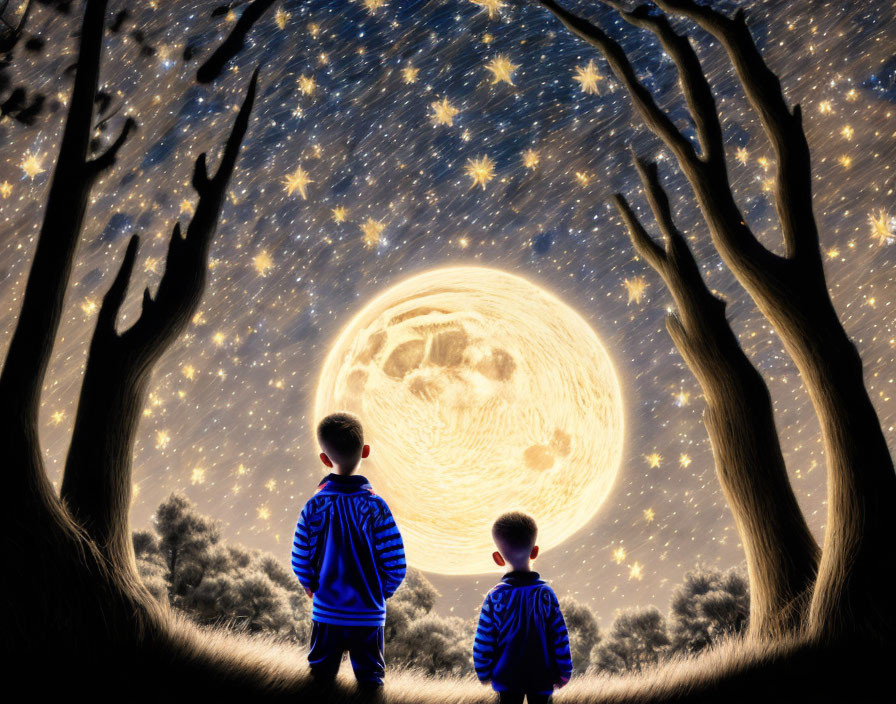 Children in Blue Jackets Gazing at Luminous Moon at Night