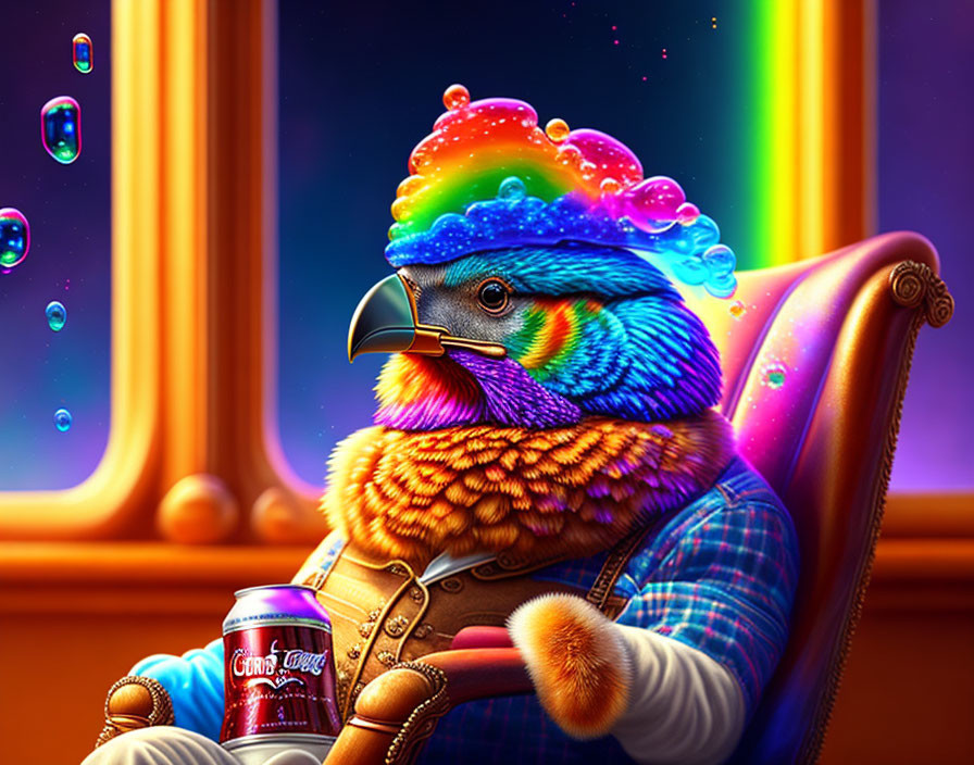 Colorful Parrot in Suit Sitting in Armchair with Rainbow Brain Explosion, Holding Soda Can, B