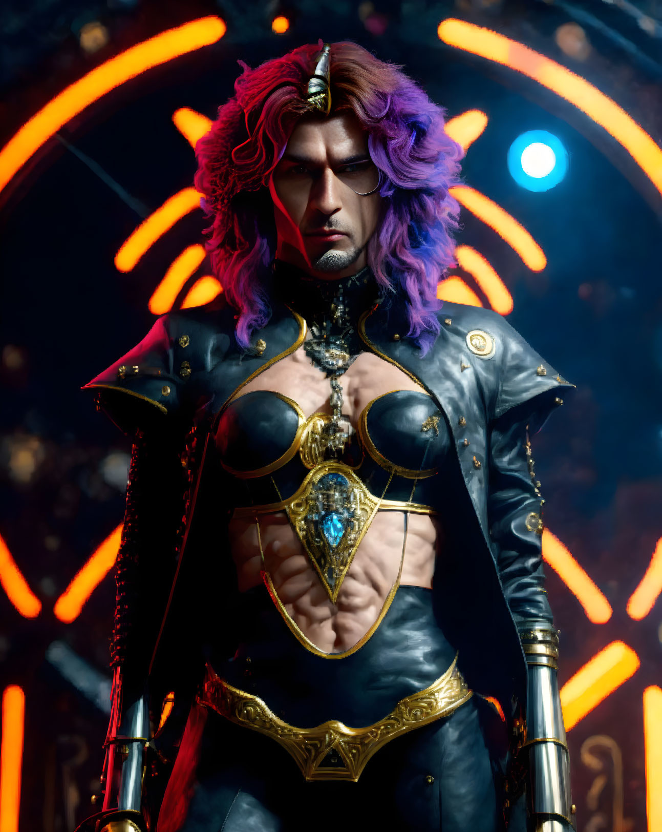 Purple-haired character in golden crown and intricate armor against neon backdrop