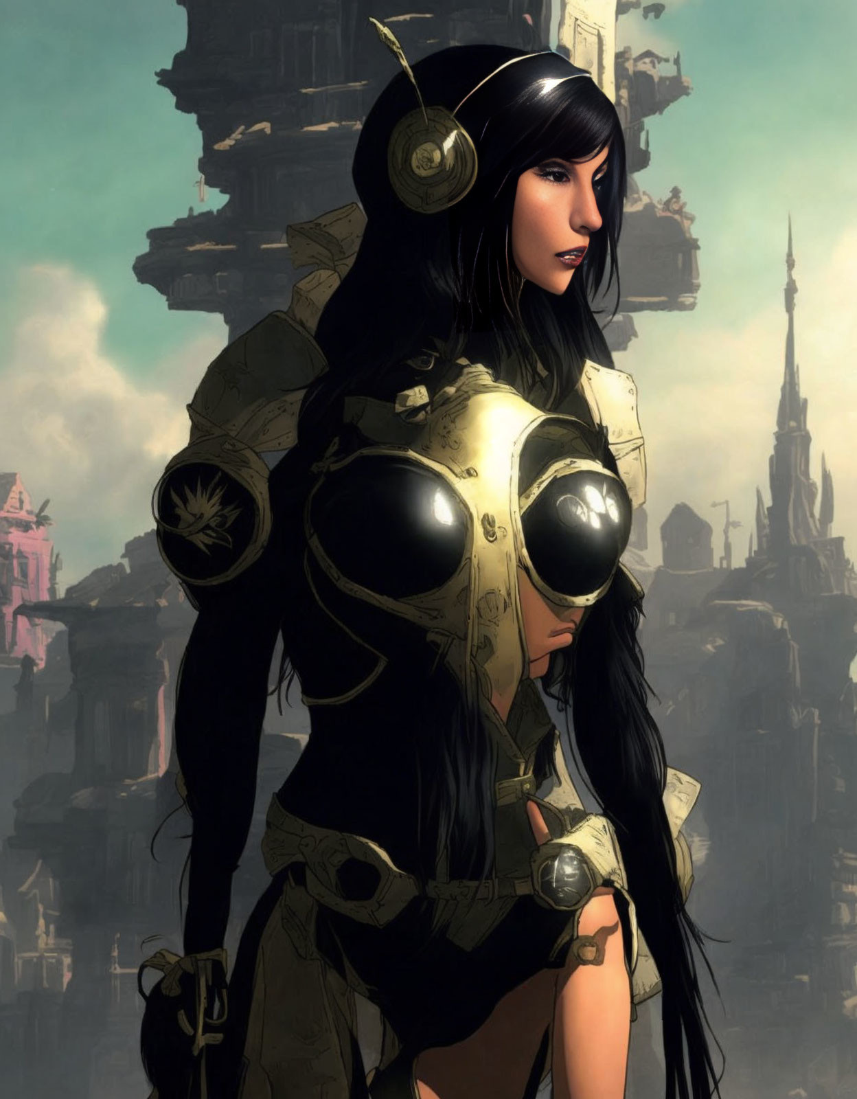 Futuristic woman with long black hair in helmet and goggles against cityscape.