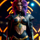 Purple-haired character in golden crown and intricate armor against neon backdrop