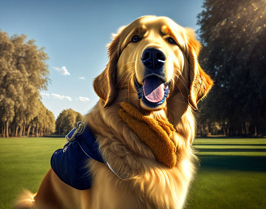 Golden retriever with blue bandana and towel sitting on grass