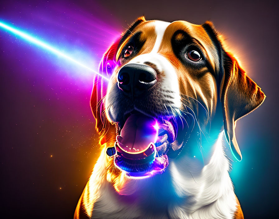 Colorful Dog Holding Glowing Orb in Neon Light Beam