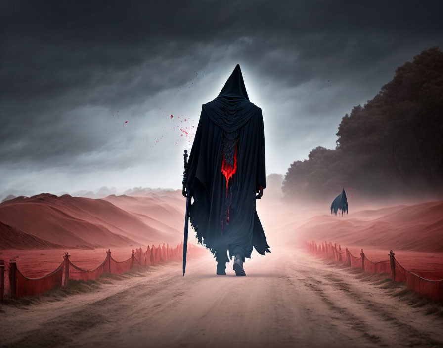 Cloaked figure with glowing red emblem holds sword on desolate road