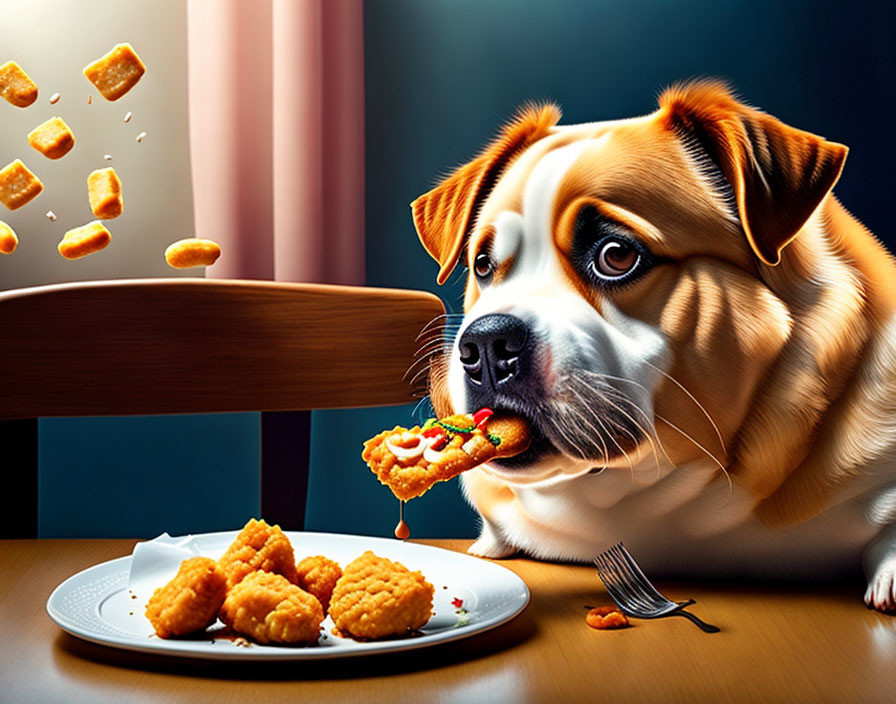 Guilty dog with pizza and chicken nuggets at table