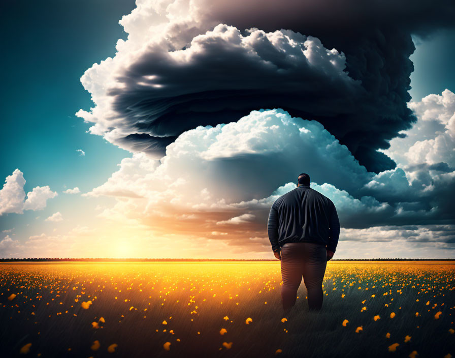 Person in Yellow Flower Field Observing Dramatic Clouds at Sunset