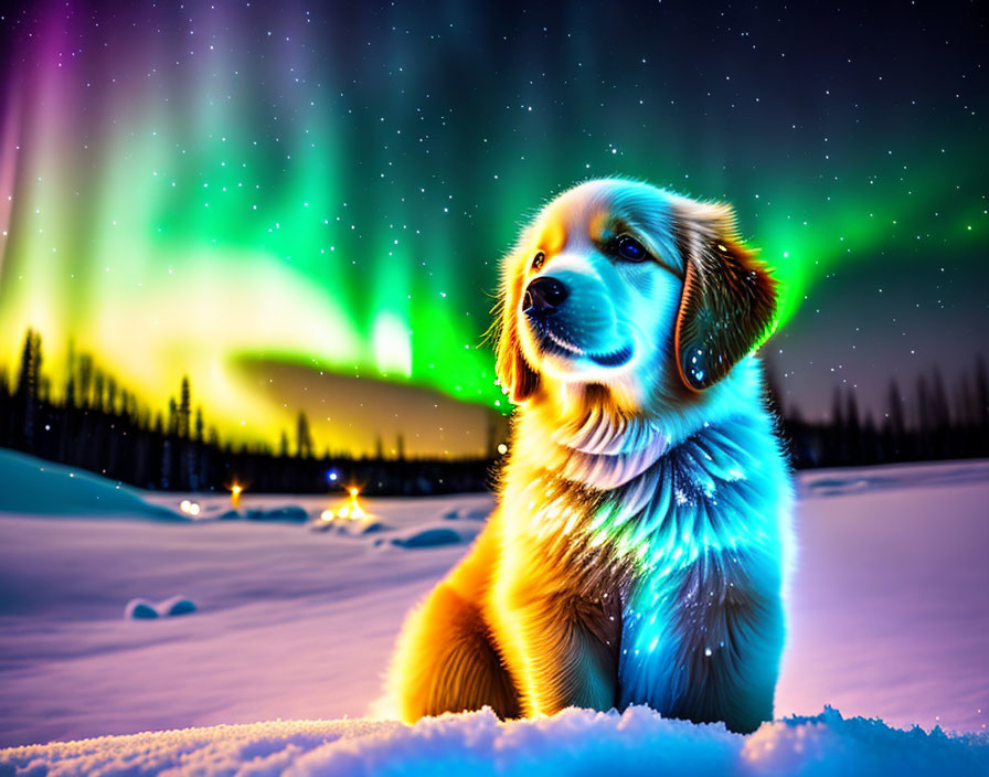 Dog in snow under vibrant aurora borealis with illuminated tents