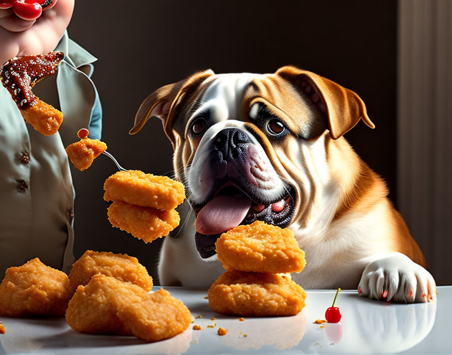 Excited dog with tongue out eyeing chicken nuggets