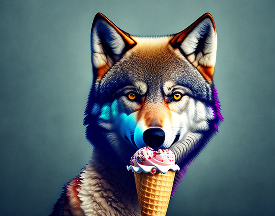 Realistic wolf with yellow eyes holding melting ice cream cone on grey background