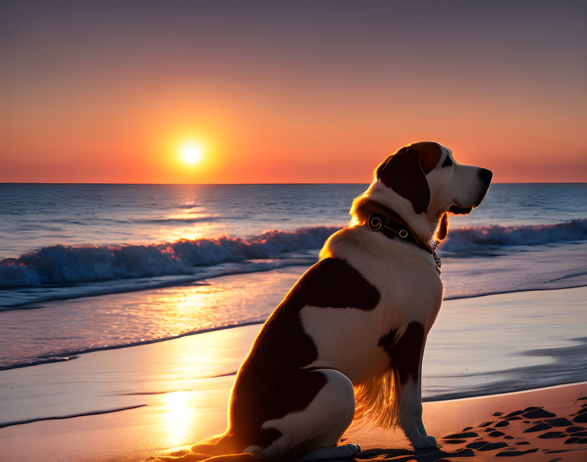 Dog on Beach at Sunset with Waves and Orange Sky