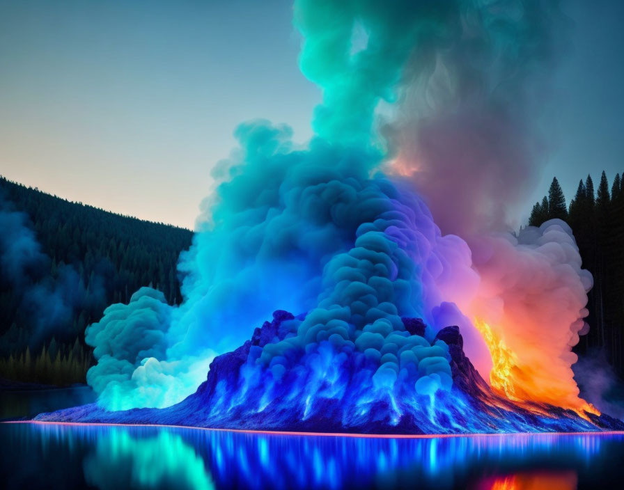 Blue and Orange Smoke Over Rocky Mound by Serene Lake