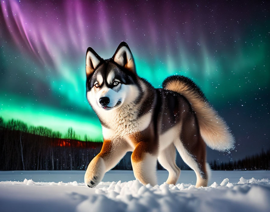 Siberian Husky in Snowy Landscape under Aurora Borealis