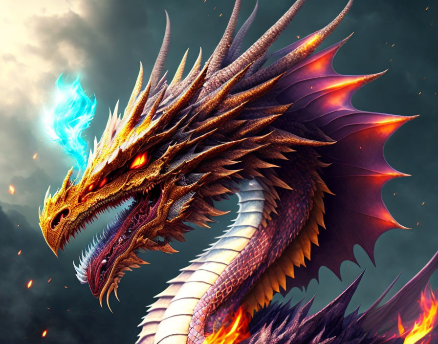 Majestic dragon with scales, horns, and glowing eyes breathing blue flames