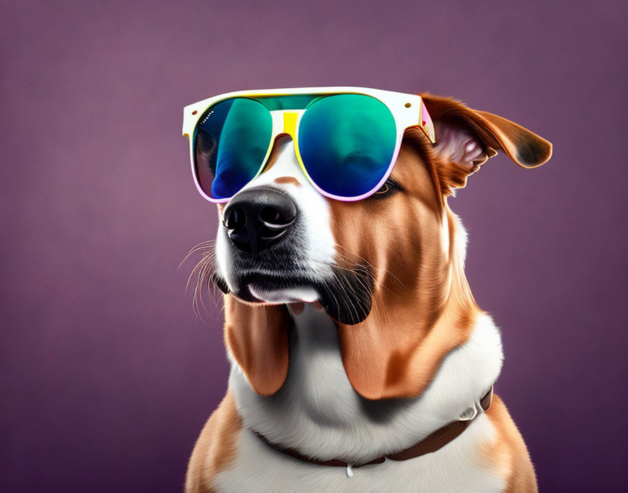 Brown and White Dog Wearing Sunglasses on Purple Background